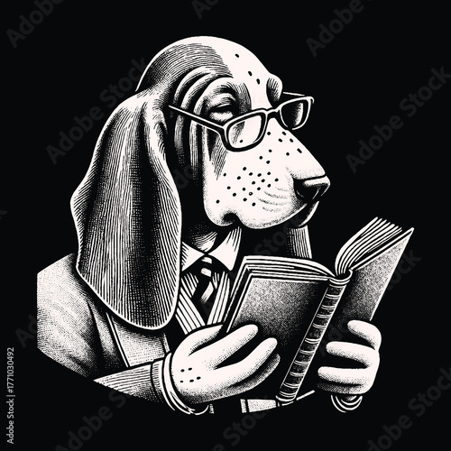 Intelligent Basset Hound Reading a Book with Glasses.