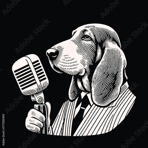 Basset Hound Singing into Microphone in Black and White.