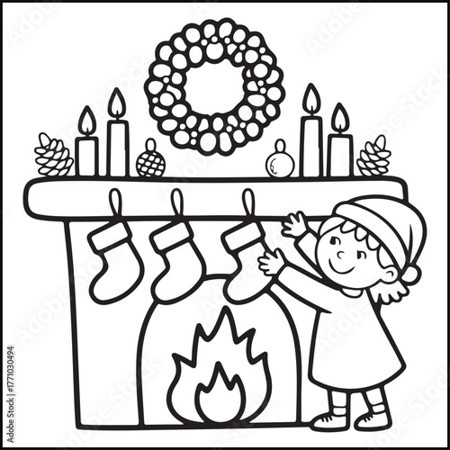 Cozy girl Christmas black and white coloring pages with Christmas-related images for adults and teens.