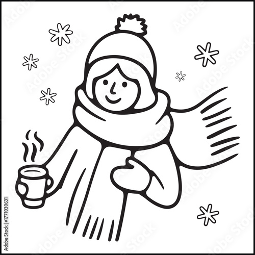 Cozy girl Christmas black and white coloring pages with Christmas-related images for adults and teens.