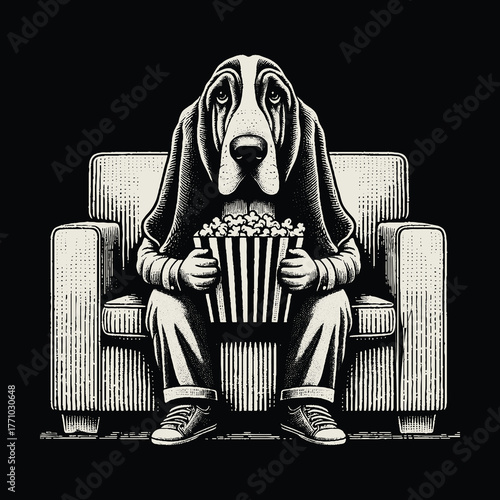 Dog Watching Movie with Popcorn on the Couch.
