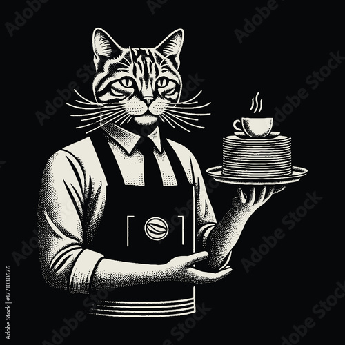 Cat Waiter Serving Pancakes and Coffee in Monochrome.