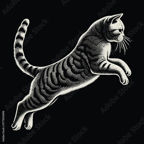 Elegant Cat in Mid-Air: A Striking Black and White Illustration.
