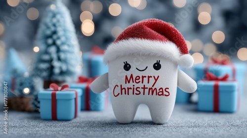 A festive tooth character with a Santa hat and Merry Christmas text. Pediatric dentistry holiday concept with gifts in a winter scene