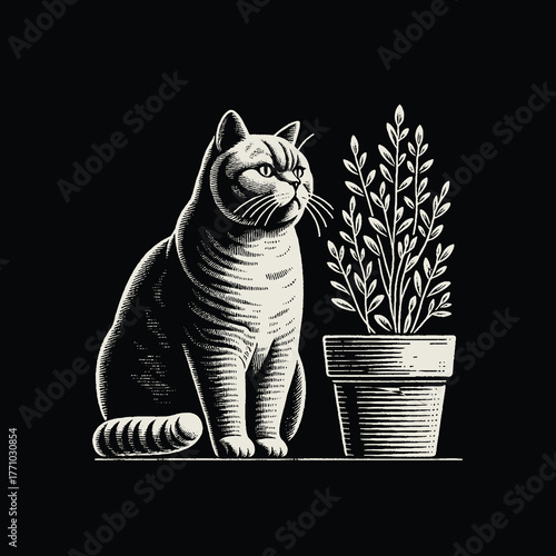 Elegant Cat Contemplating Plant in Monochrome Illustration.