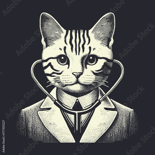 Cat Doctor Portrait with Stethoscope and Professional Attire.