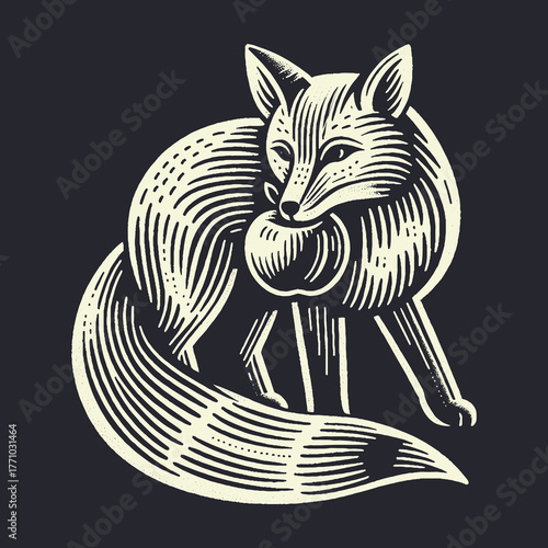 Fox with Apple: Elegant Engraving on Dark Background.