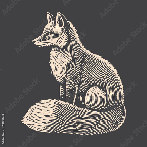 Elegant Fox Illustration: Detailed Engraving on Dark Background.