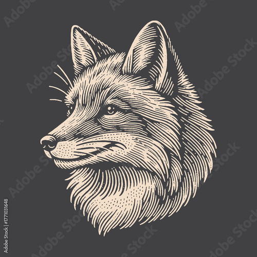 Detailed fox head illustration vintage style artistic design elegant portrait.