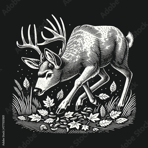 Deer in the forest searching for food in the leaves.