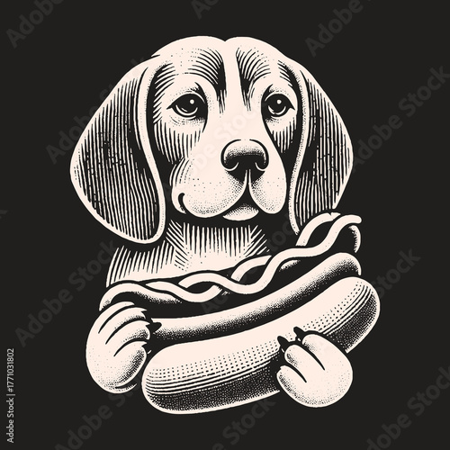Beagle Dog Holding Hotdog Illustration Black Background.