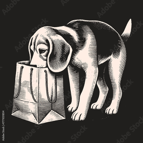 Dog Investigates Paper Bag Curious Beagle Sniffing Contents.