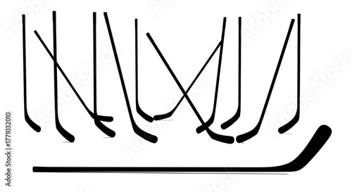 Dynamic hockey sticks on white background for sports design projects, representing speed, action, and teamwork in a minimalist style