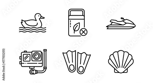 Explore summer fun with this action camera, flippers, jet ski, and seashell, perfect for travel adventures and wildlife encounters this vacation