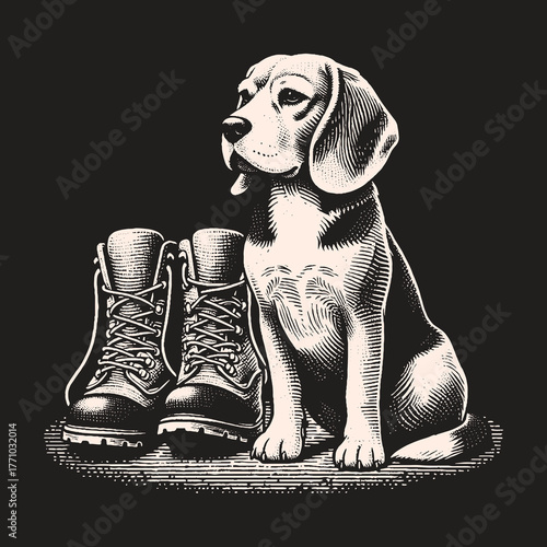 Beagle Dog Ready for Hiking Adventure with Boots.