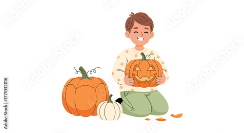 Joyful boy carving a spooky pumpkin for Halloween, surrounded by pumpkins, a scene filled with anticipation for the holiday fun