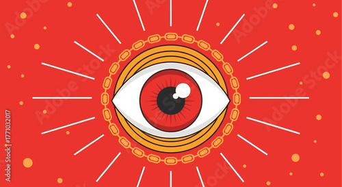 Intriguing red eye symbol with radiating lines and golden chain, perfect for mystical designs or branding with a bold, captivating edge