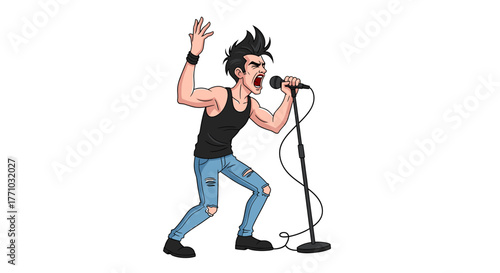 Energetic rockstar passionately singing into microphone with ripped jeans and expressive pose, perfect for music event promotions or edgy design projects