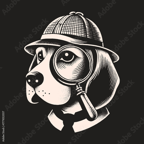 Detective Dog with Magnifying Glass and Hat.