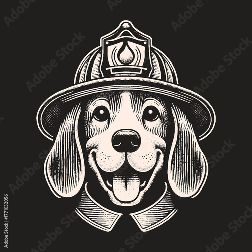 Firefighter Beagle Dog Portrait Smiling Happy Face.