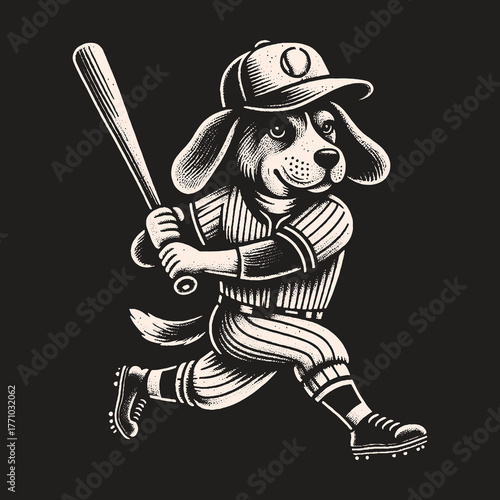Dog Baseball Player Running with Bat and Cap.