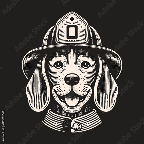 Firefighter Beagle Portrait: Courageous Canine Ready for Action.