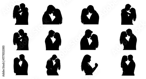 Romantic silhouettes of couples embracing convey love and connection for Valentine's Day, wedding invitations, or heartfelt greeting cards