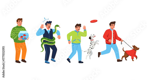 Funny pet owner problems featuring playful dogs, a curious snake, and a fishbowl in a vibrant cartoon style that is perfect for relatable content