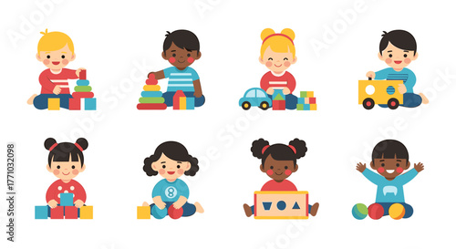 Cheerful toddlers joyfully play with colorful toys, building towers and exploring shapes in a bright, inviting learning environment perfect for education