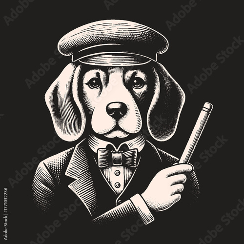 Elegant Beagle in Formal Attire Holding a Baton.