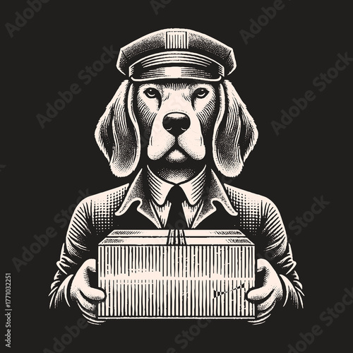 Dog Delivering Package Illustration Beagle Courier Black and White Art.