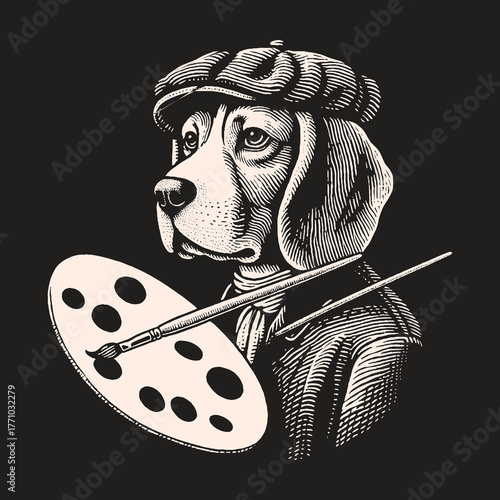 Artistic Beagle with Palette and Brush: Creative Canine Portrait.