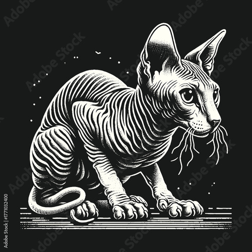Sphynx Cat Portrait: Striking Black and White Illustration.