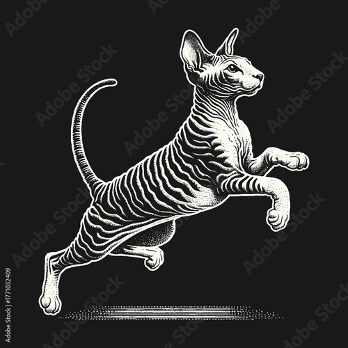 Elegant Sphynx Cat Leaping Gracefully Against Black Background.