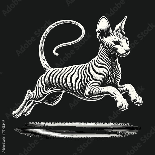 Elegant Sphynx Cat Leaping Gracefully Against Black Background.