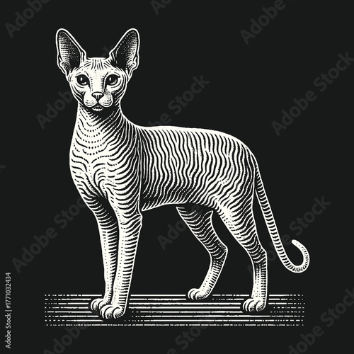 Elegant Sphynx Cat Illustration on Black Background.