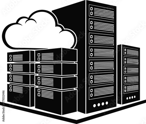 Cloud computing server racks silhouette, data storage technology, digital infrastructure, network hosting, secure database, modern IT system – cad drawing flat vector illustration
