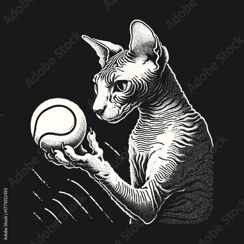 Sphynx Cat Holding Tennis Ball Focused and Observant.