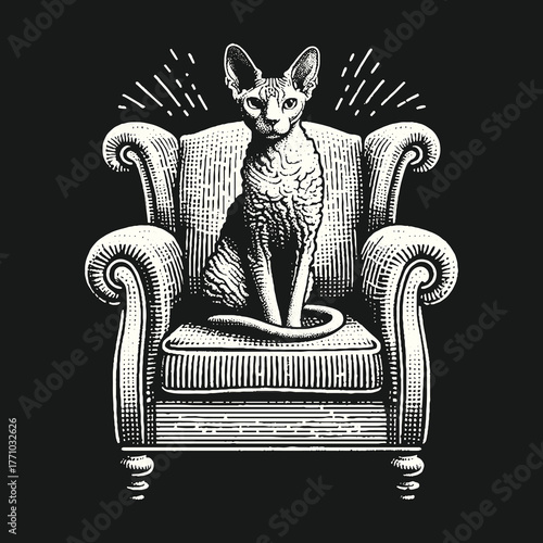 Elegant Cat Poses Gracefully on Antique Armchair.