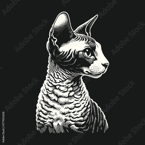Elegant Cornish Rex Cat Portrait in Monochrome Style.
