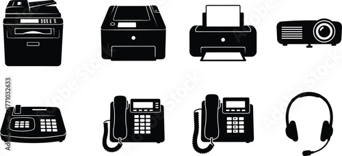 Office equipment silhouettes, multifunction printer, laser printer, inkjet printer, projector, landline telephone, fax machine, headset – cad drawing flat vector illustration