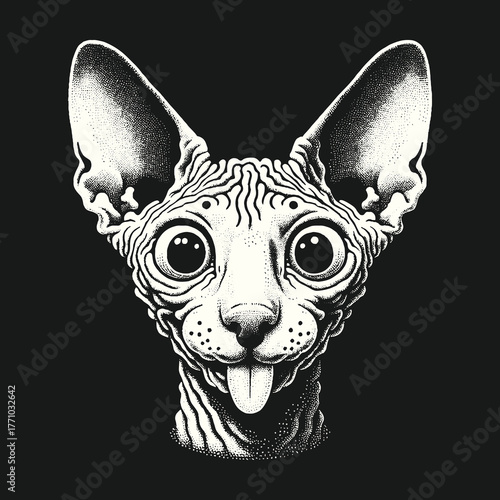 Sphynx Cat Portrait with Tongue Out and Focused Eyes.