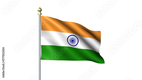 Indian national Waving flag with flagpole on transparent background