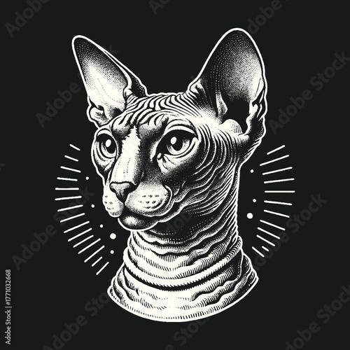 Sphynx Cat Portrait: Detailed Illustration on Black Background.