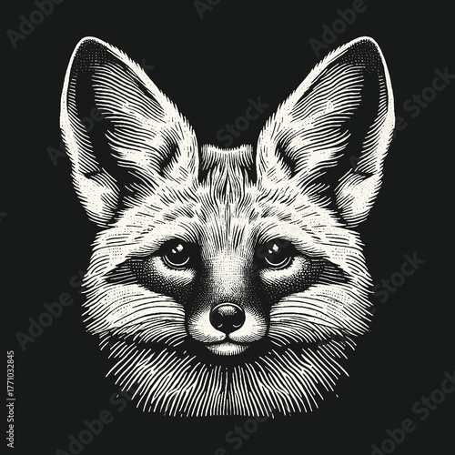 Intricate Black and White Fox Portrait with Detailed Fur and Eyes.