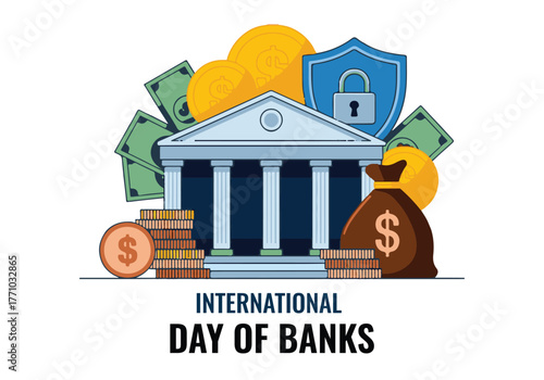 International Day of Banks Vector Illustration – Flat Design of Bank Building with Money, Shield, and Financial Icons