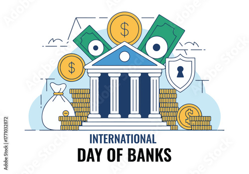 International Day of Banks Vector Illustration – Flat Design of Bank Building with Money, Shield, and Financial Icons