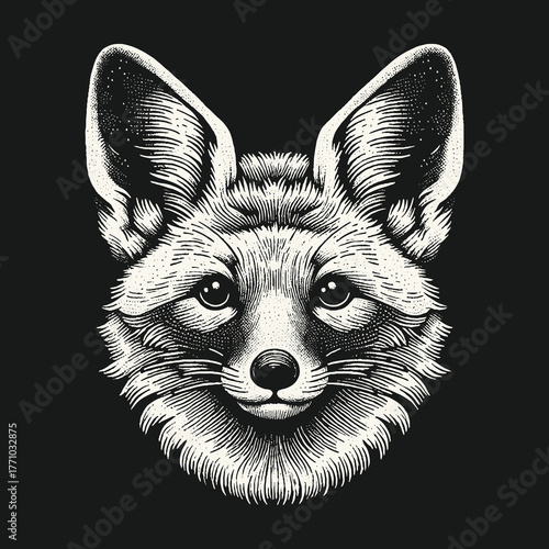 Detailed fox portrait illustration on a black background.