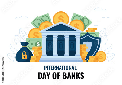 International Day of Banks Vector Illustration – Flat Design of Bank Building with Money, Shield, and Financial Icons