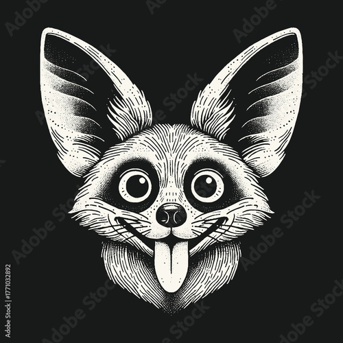 Cute fox illustration with big ears and tongue sticking out.